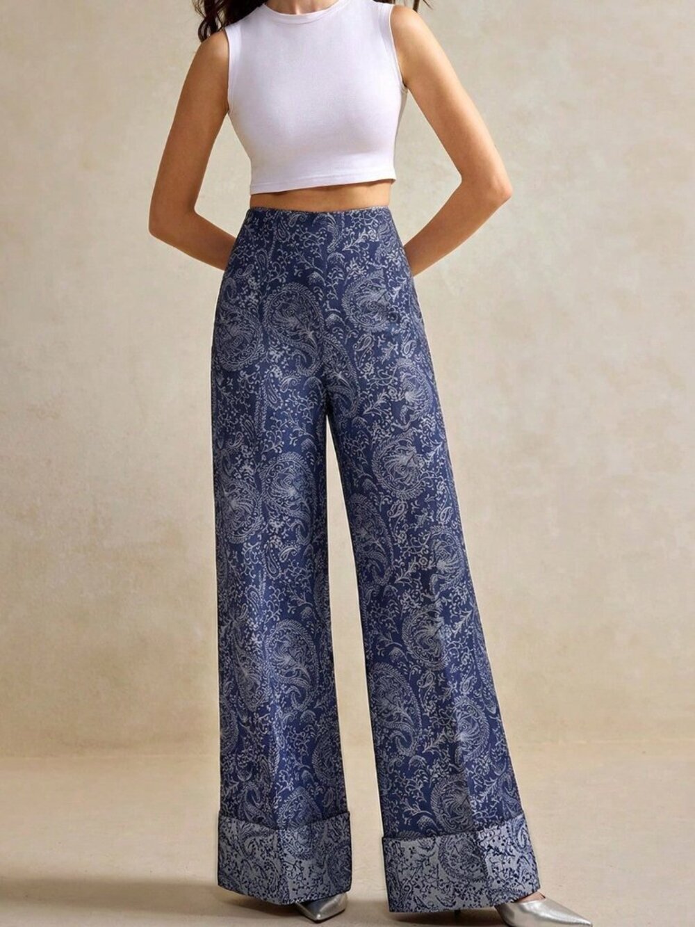 Navy Blue Boho Women's Colorblock Wide Leg High Waist Slimming Jeans